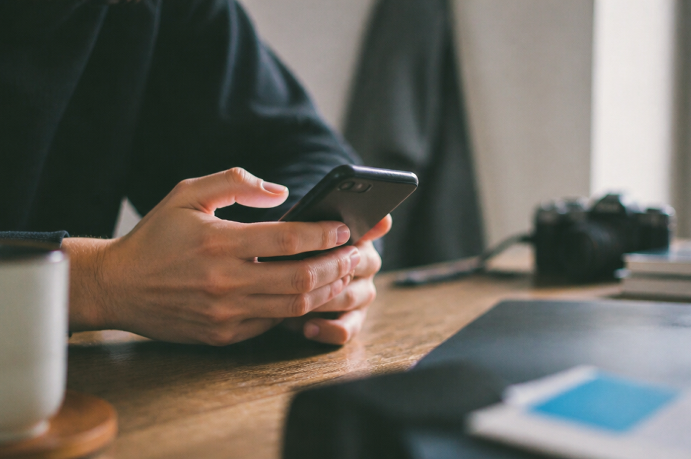 スマートフォンで進捗を確認している様子